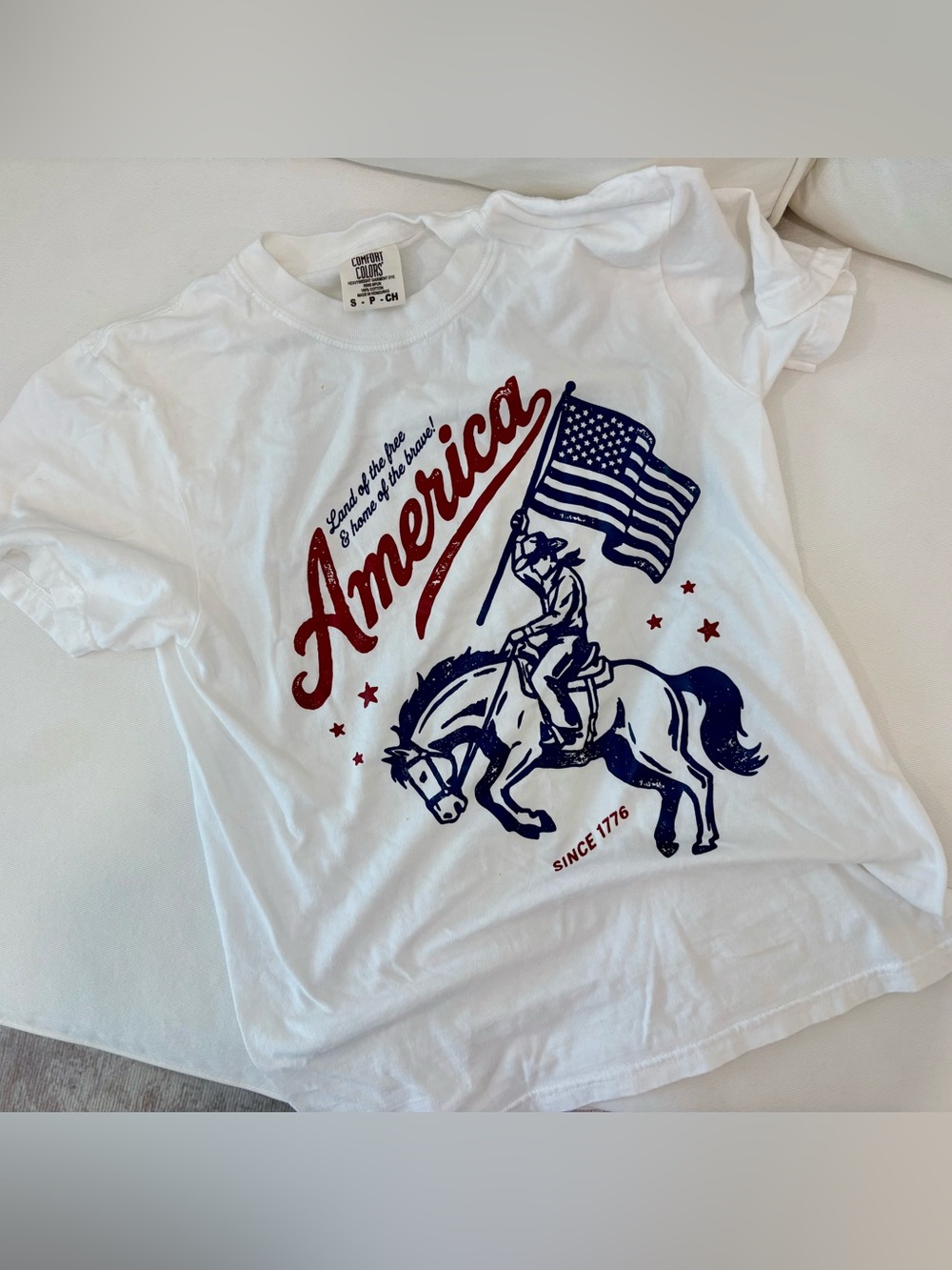 Comfort Colors White Kids Tee with Red Script & Blue Horse Flag Graphic